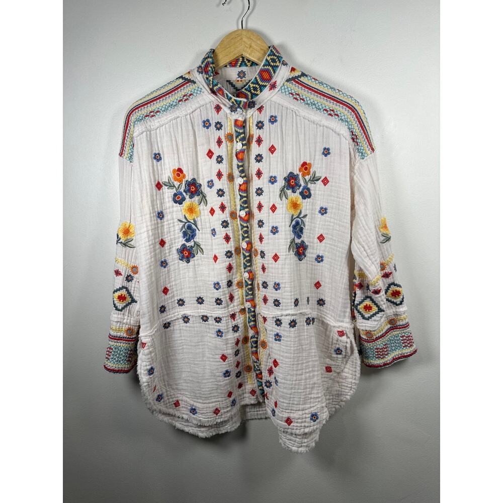Johnny Was Embroidered Cotton Gauze Button Front Blouse Boho Cottagecore, Sm